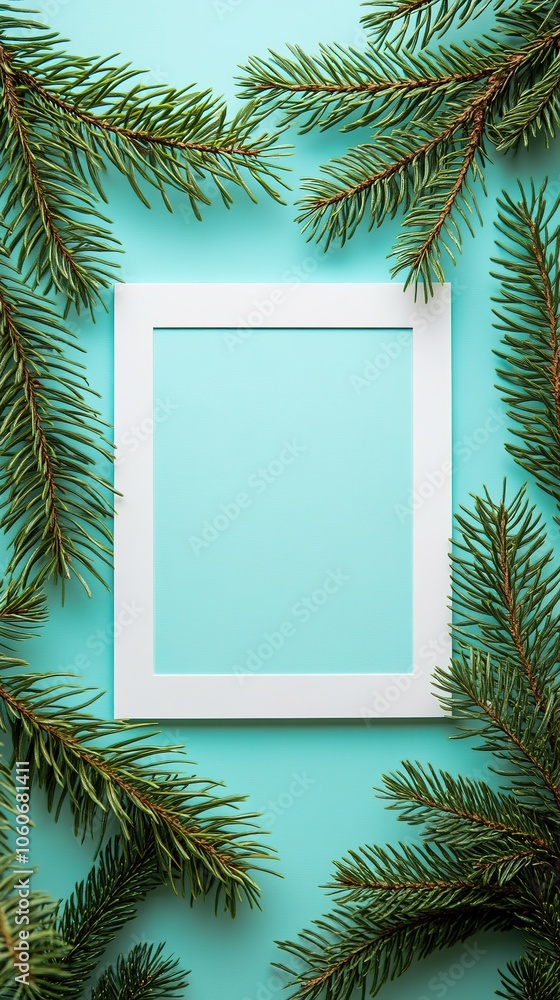White frame with pine branches on turquoise background White frame with pine branches on turquoise background