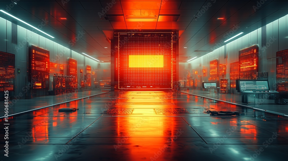 A modern high-tech data center with a futuristic red glow, featuring state-of-the-art screens and neon lighting. A modern high-tech data center with a futuristic red glow, featuring state-of-the-art screens and neon lighting.
