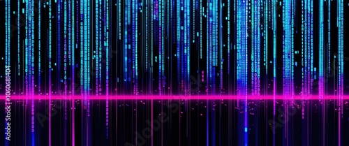 Digital matrix, vertical data streams, cyberpunk aesthetic, neon colors, blue and purple hues, binary code, glowing lines, abstract technology background, futuristic interface, digital rain effect, co