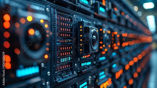 A high-tech data center featuring rows of servers and glowing LED lights, captured in a soft focus technique.