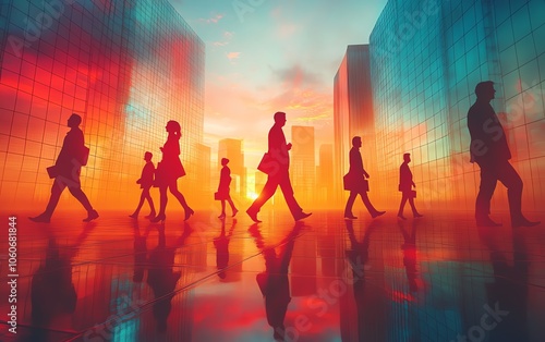 Vivid 3D image of diverse silhouettes of business professionals walking with a bright cityscape background, representing ambition and urban connectivity