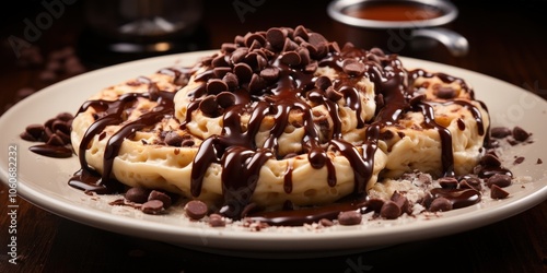 A stack of golden waffles drizzled with rich chocolate sauce and scattered with chocolate chips, a delightful treat for any chocolate lover.