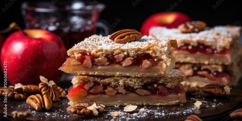 Apple and pecan pie squares dusted with powdered sugar, a delicious treat perfect for any occasion. Apple and pecan pie squares dusted with powdered sugar, a delicious treat perfect for any occasion.
