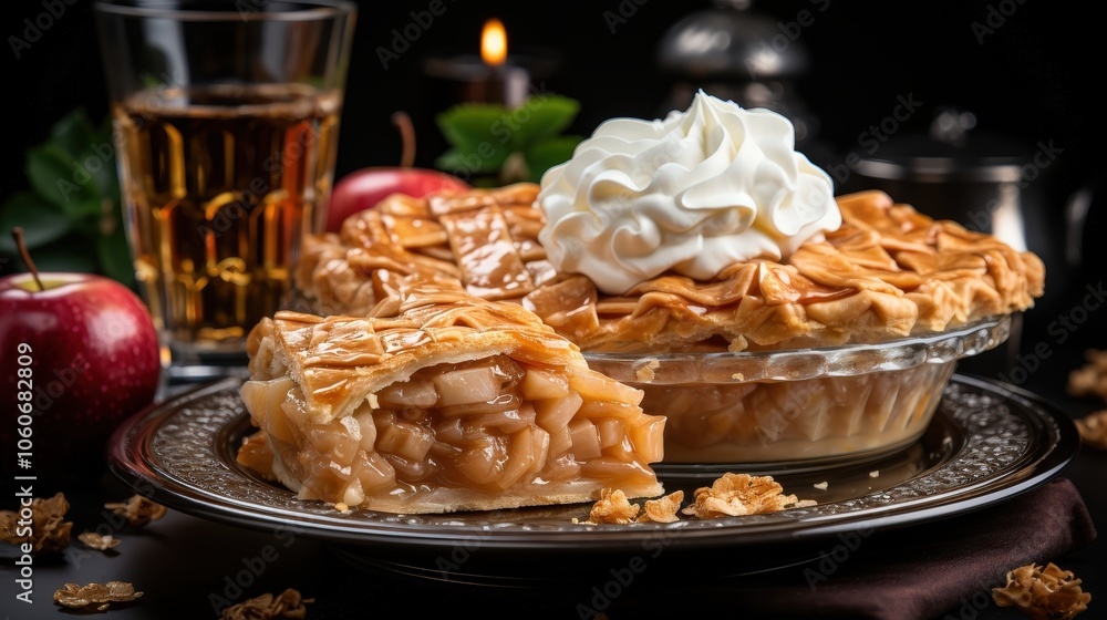 Golden brown crust apple pie with a generous dollop of whipped cream, sliced and served on a rustic plate Golden brown crust apple pie with a generous dollop of whipped cream, sliced and served on a rustic plate