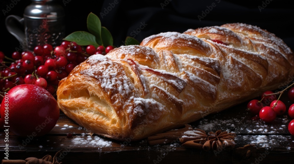 A freshly baked pastry dusted with powdered sugar, resting beside a cluster of vibrant red berries on a rustic wooden surface. A freshly baked pastry dusted with powdered sugar, resting beside a cluster of vibrant red berries on a rustic wooden surface.