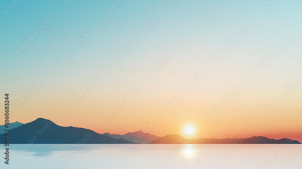 serene sunrise over calm waters with soft pastel colors and mountains serene sunrise over calm waters with soft pastel colors and mountains