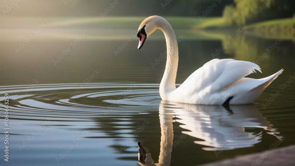 Fototapeta premium Stunningly beautiful and graceful swan with mirrored reflection in the water