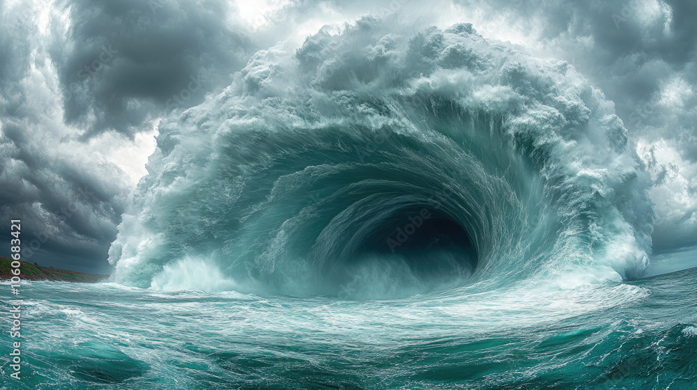A colossal wave surges majestically towards the shore, framed by dark, dramatic clouds, capturing the intensity of nature's forces at dusk A colossal wave surges majestically towards the shore, framed by dark, dramatic clouds, capturing the intensity of nature's forces at dusk