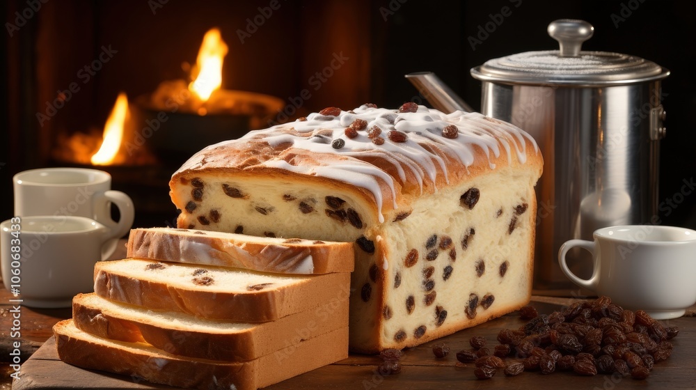 A loaf of raisin bread with white icing, sliced and ready to be enjoyed, sits on a wooden table with a warm fireplace in the background, teacups and a scattering of raisins scattered around it.