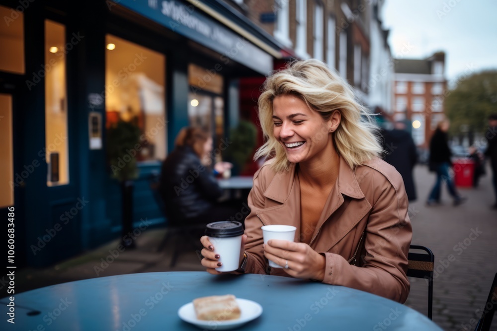 Beautiful young woman drinking coffee in a street cafe in London. Beautiful young woman drinking coffee in a street cafe in London.