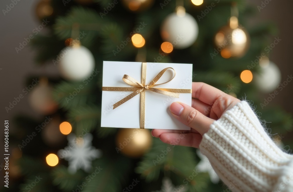 White holiday card tied with a gold ribbon in hand of a girl in a white sweater. In the background is a Christmas tree White holiday card tied with a gold ribbon in hand of a girl in a white sweater. In the background is a Christmas tree