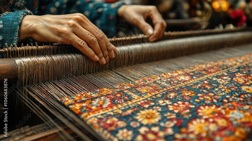 Obraz premium A detailed close-up of traditional Lao silk weaving, with a craftsperson creating intricate patterns on a loom.