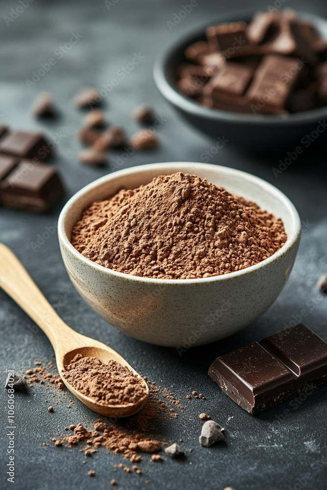 Rich chocolate powder in bowl with chocolate pieces nearby, perfect for baking Rich chocolate powder in bowl with chocolate pieces nearby, perfect for baking