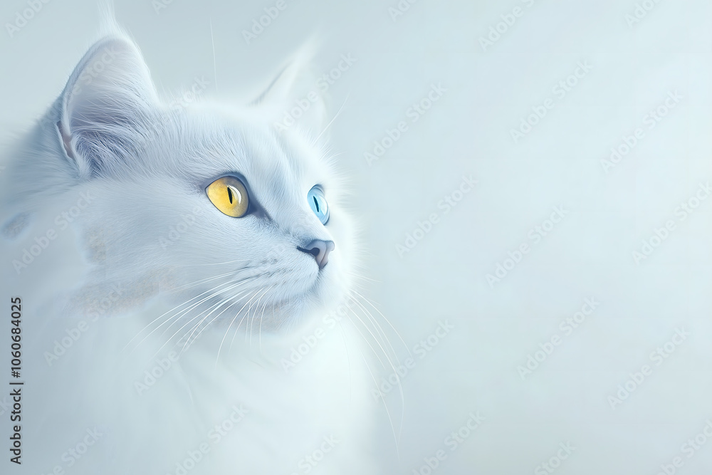 White cat with yellow and blue eyes looking to the side, representing heterochromia White cat with yellow and blue eyes looking to the side, representing heterochromia