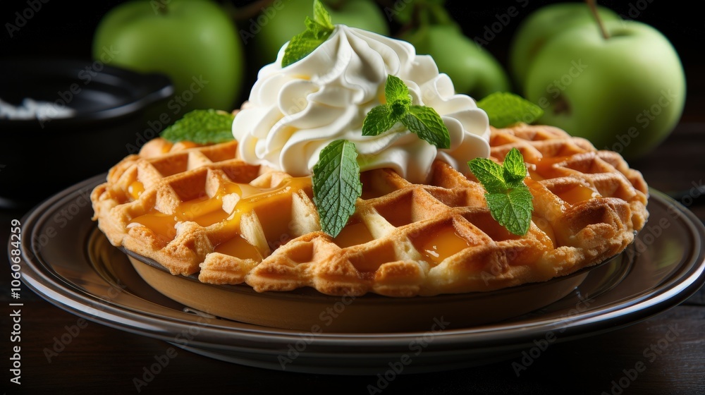 A golden waffle topped with whipped cream, fresh mint, and a drizzle of fruit sauce, resting on a dark brown plate A golden waffle topped with whipped cream, fresh mint, and a drizzle of fruit sauce, resting on a dark brown plate