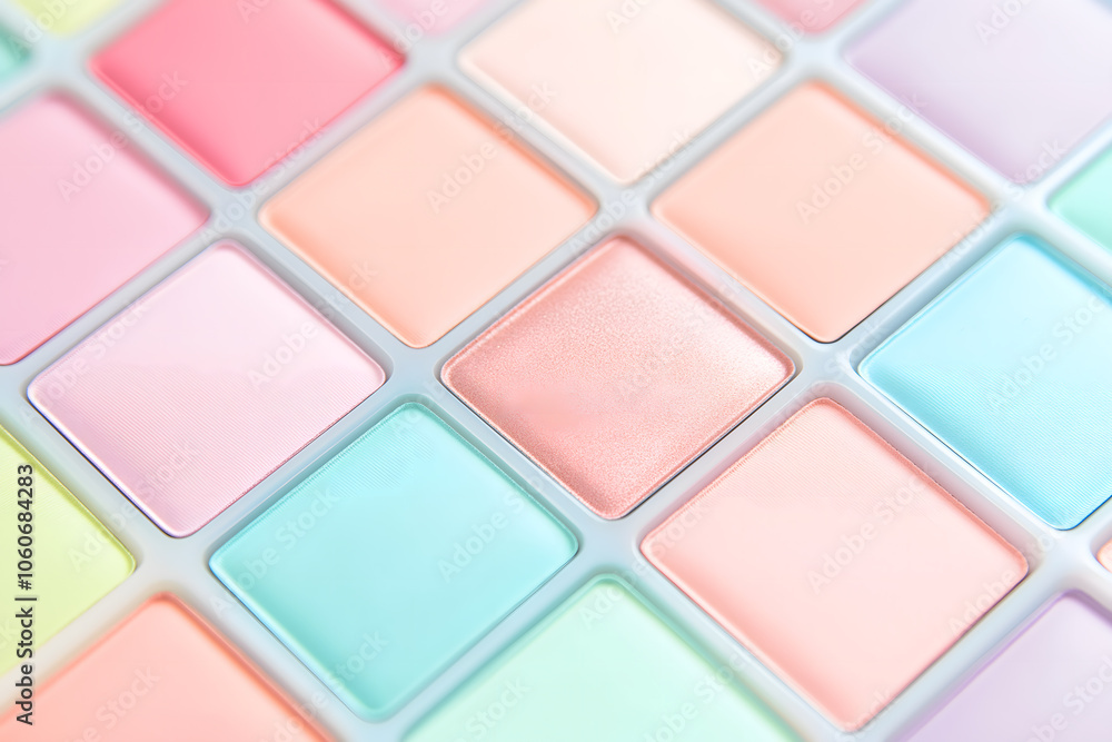 Close-up of soft pastel eyeshadow squares in a grid, creating a gentle and pleasing color arrangement Close-up of soft pastel eyeshadow squares in a grid, creating a gentle and pleasing color arrangement