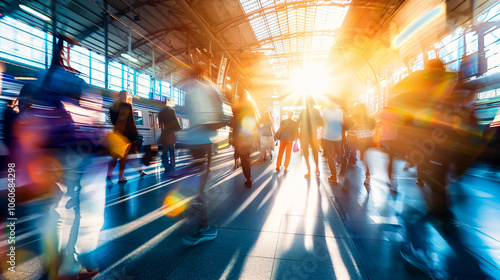 A beautiful motion blur captures people walking in a train station during early morning rush hours, symbolizing the busy modern life. Ideal for website and magazine layouts.