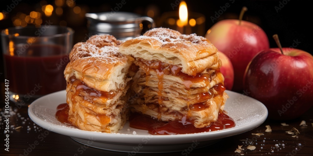 A decadent pastry layered with caramel, sprinkled with powdered sugar, and drizzled with sauce, showcasing its flaky and buttery texture A decadent pastry layered with caramel, sprinkled with powdered sugar, and drizzled with sauce, showcasing its flaky and buttery texture
