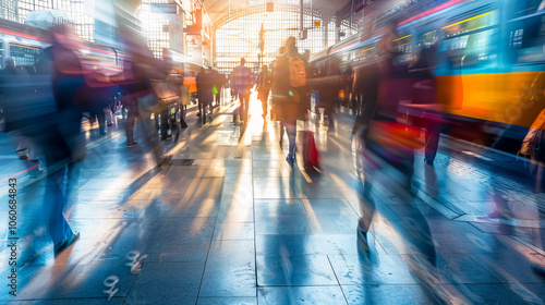 A beautiful motion blur captures people walking in a train station during early morning rush hours, symbolizing the busy modern life. Ideal for website and magazine layouts.