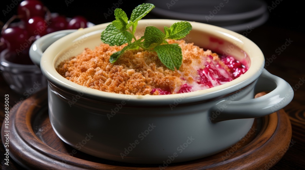 A single serving of a baked fruit crisp topped with a buttery crumble, garnished with fresh mint leaves, and served in a light blue ceramic ramekin, resting on a round wooden coaster. A single serving of a baked fruit crisp topped with a buttery crumble, garnished with fresh mint leaves, and served in a light blue ceramic ramekin, resting on a round wooden coaster.
