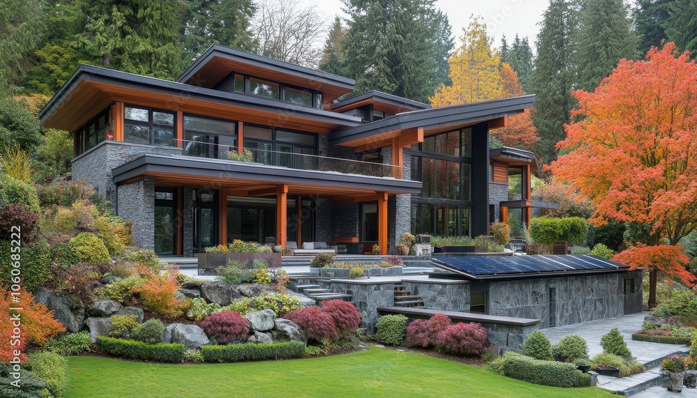 Beautiful modern home with solar panels on gable roof surrounded by lush greenery Beautiful modern home with solar panels on gable roof surrounded by lush greenery
