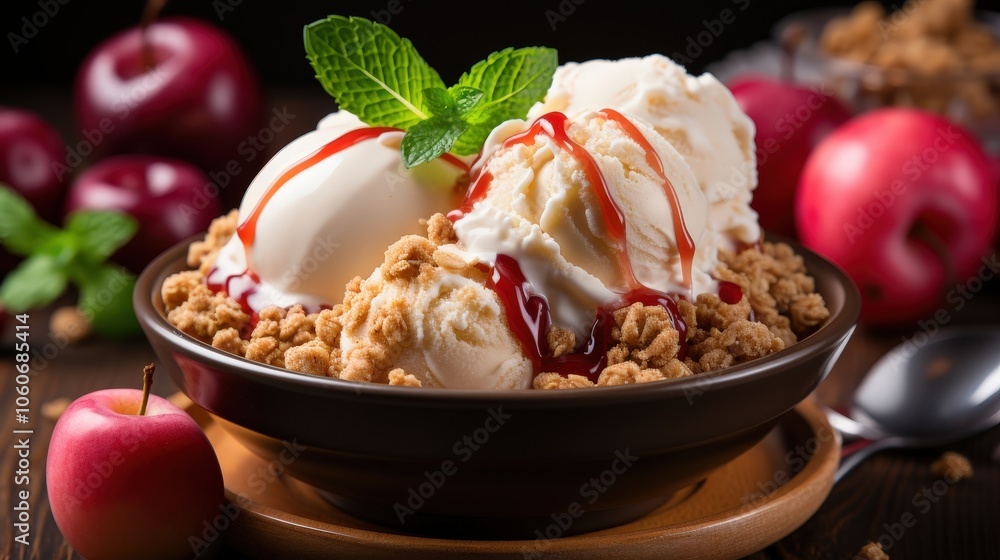 A bowl of creamy ice cream topped with sweet berry sauce and a crunchy crumble, surrounded by ripe apples and fresh mint, creating a tantalizing dessert experience. A bowl of creamy ice cream topped with sweet berry sauce and a crunchy crumble, surrounded by ripe apples and fresh mint, creating a tantalizing dessert experience.