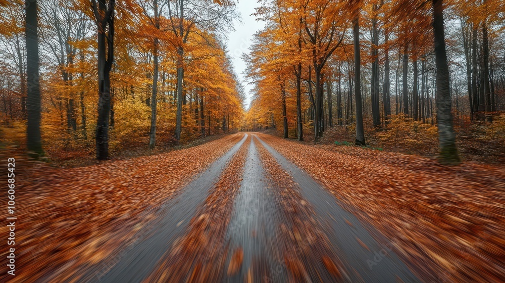 Fototapeta premium car speeding through a picturesque autumn forest captured with motion blur to convey a sense of speed and freedom amidst the colorful foliage