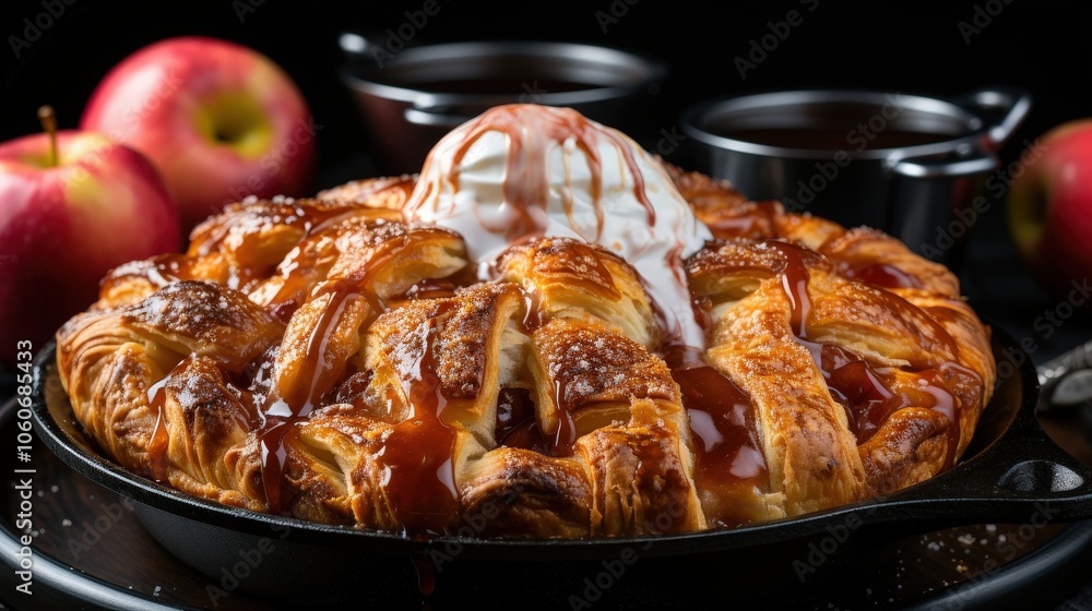 A warm and inviting apple crisp, topped with a generous dollop of whipped cream and drizzled with a sweet and sticky caramel sauce, ready to be devoured. A warm and inviting apple crisp, topped with a generous dollop of whipped cream and drizzled with a sweet and sticky caramel sauce, ready to be devoured.