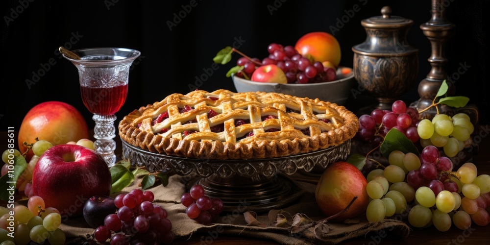 A Rustic Still Life with a Golden-Brown Pie, Plump Grapes, and a Glass of Ruby Red Wine A Rustic Still Life with a Golden-Brown Pie, Plump Grapes, and a Glass of Ruby Red Wine