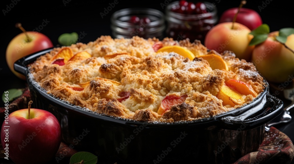A close-up of a freshly baked fruit crumble with a crispy golden brown topping, showcasing its enticing texture and the sweet, juicy fruit underneath. A close-up of a freshly baked fruit crumble with a crispy golden brown topping, showcasing its enticing texture and the sweet, juicy fruit underneath.