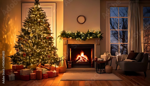 christmas decorations surround tree near fireplace home cold winter evenings perfectly