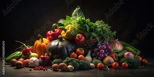 Fresh vegetables glow beautifully even in low light, perfect for promoting healthy eating concepts and captivating culinary presentations with their vibrant colors and unique textures.