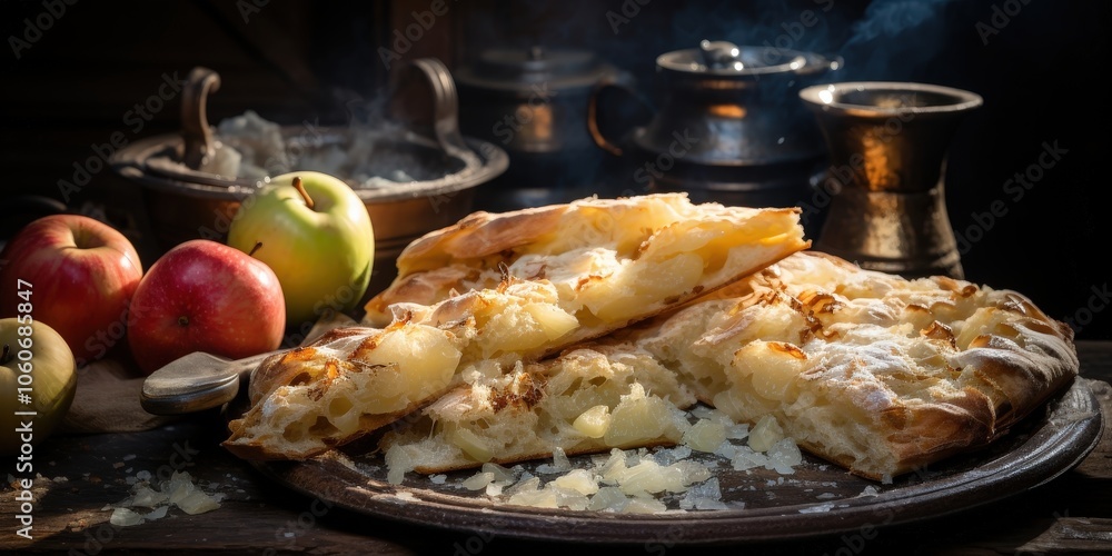 A Rustic Rustic Still Life with Homemade Apple Pie and Fresh Apples on a Wooden Table A Rustic Rustic Still Life with Homemade Apple Pie and Fresh Apples on a Wooden Table