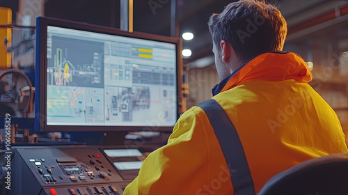 A worker in a high-visibility jacket is sitting at a computer and looking into an industrial control panel with a large screen , Generative Ai 