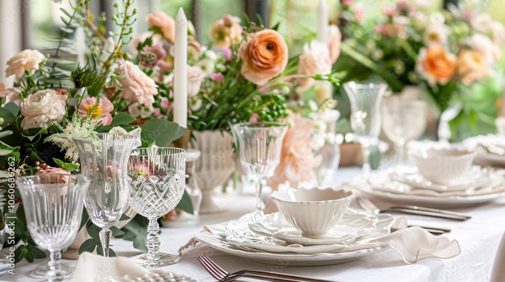 Elegant Table Setting: A beautifully set table for a party, wedding reception, or other festive events, featuring crockery, glassware, cutlery, and decorative flowers. Elegant Table Setting: A beautifully set table for a party, wedding reception, or other festive events, featuring crockery, glassware, cutlery, and decorative flowers.