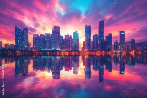 A vibrant cityscape skyline with a reflection in the water during sunset.