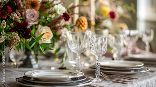 Elegant Table Setting: A beautifully set table for a party, wedding reception, or other festive events, featuring crockery, glassware, cutlery, and decorative flowers.