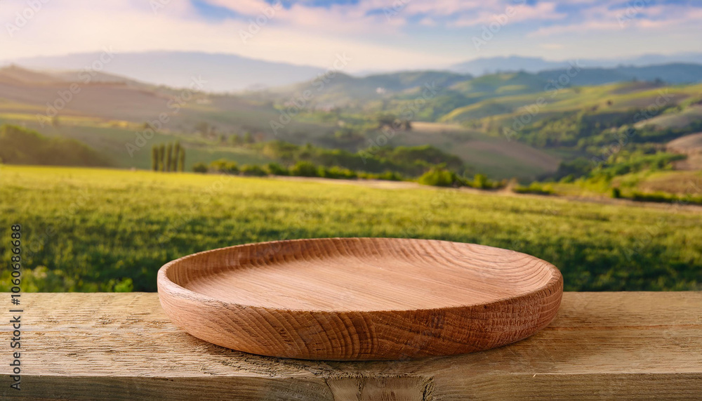 Handcrafted round wooden plate with rustic rural view background, empty plate for food. Mock-up Handcrafted round wooden plate with rustic rural view background, empty plate for food. Mock-up