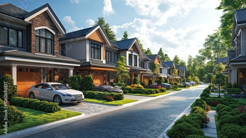 A highly detailed suburban neighborhood with modern homes and clear driveways, isolated on a white background.