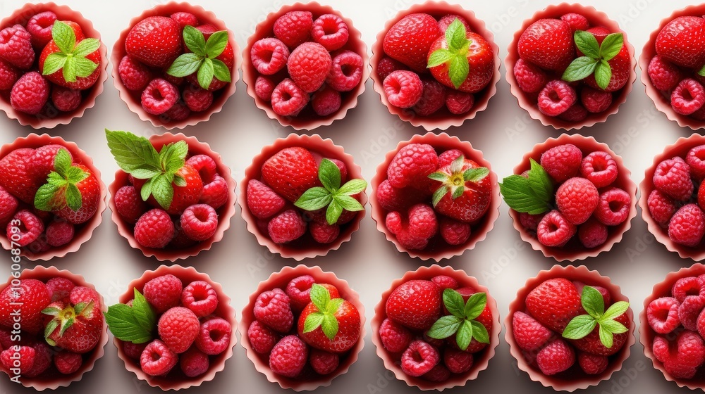 A symphony of red, a delightful arrangement of ripe strawberries and raspberries in pink bowls, a colorful culinary delight A symphony of red, a delightful arrangement of ripe strawberries and raspberries in pink bowls, a colorful culinary delight