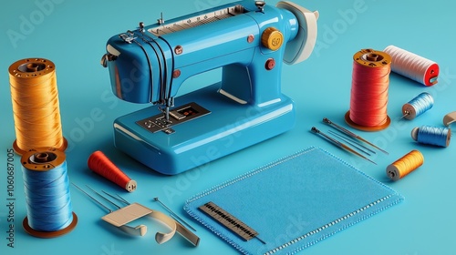 Blue Sewing Machine with Spools of Thread and Sewing Supplies on a Blue Background photo