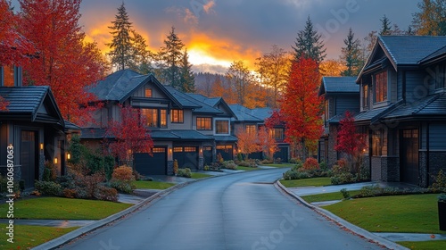Fototapeta Naklejka Na Ścianę i Meble -  A luxurious housing development featuring contemporary homes, large driveways, and tree-lined streets in a peaceful neighborhood.