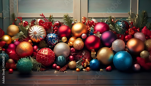 colorful balls decorations create festive holiday border background home room photo