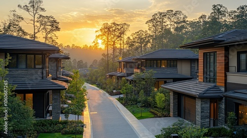 Fototapeta Naklejka Na Ścianę i Meble -  A luxurious housing development featuring contemporary homes, large driveways, and tree-lined streets in a peaceful neighborhood.