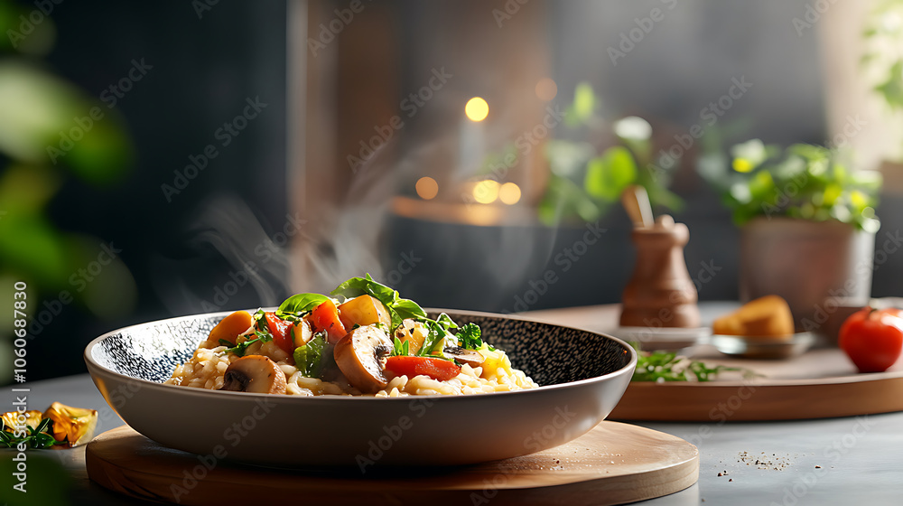 Warm mushroom risotto with fresh herbs and colorful vegetables Warm mushroom risotto with fresh herbs and colorful vegetables