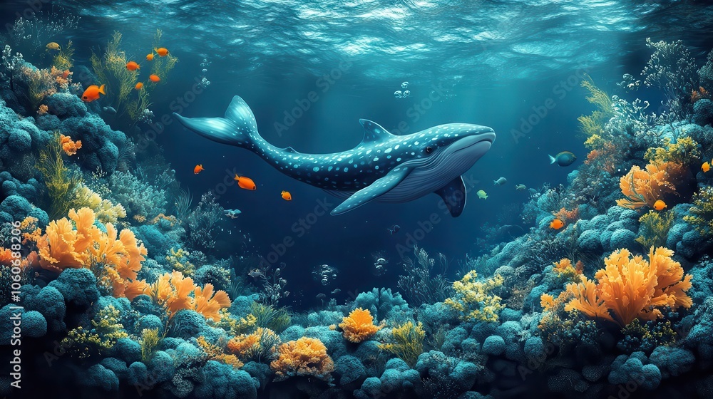 Fototapeta premium celebrating world oceans day with a vibrant illustration of the ocean rich blues and greens symbolizing marine life and environmental awareness emphasizing the beauty of our seas