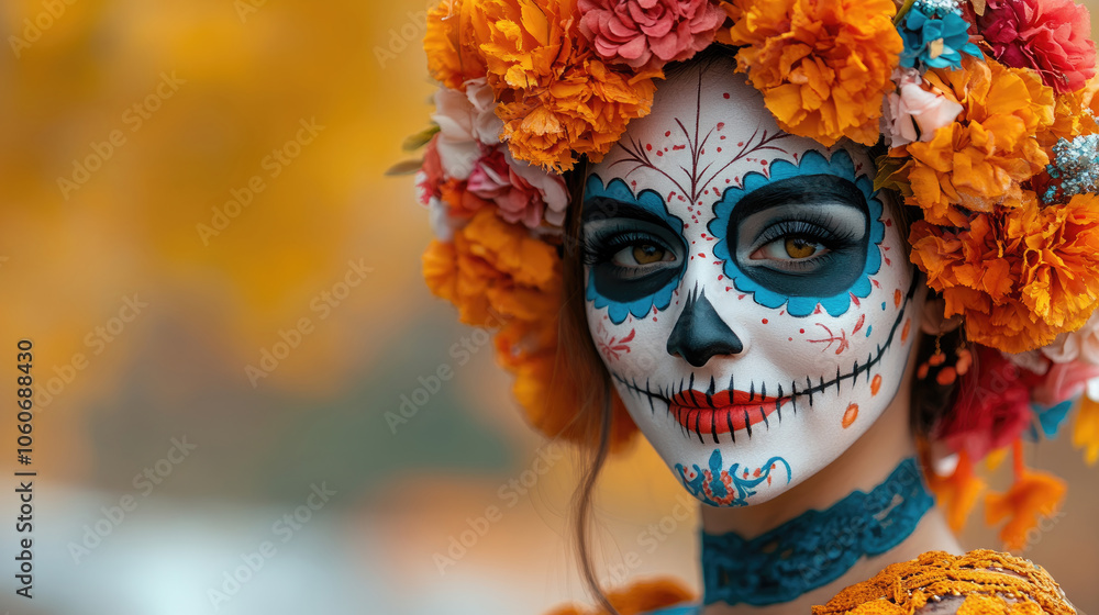 A woman adorned with intricate skull makeup and a vibrant floral crown celebrates Día de los Muertos, surrounded by stunning autumn foliage A woman adorned with intricate skull makeup and a vibrant floral crown celebrates Día de los Muertos, surrounded by stunning autumn foliage