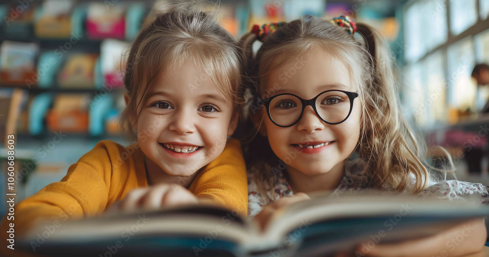 Two Smiling Girls Reading Book Together Classroom Two Smiling Girls Reading Book Together Classroom
