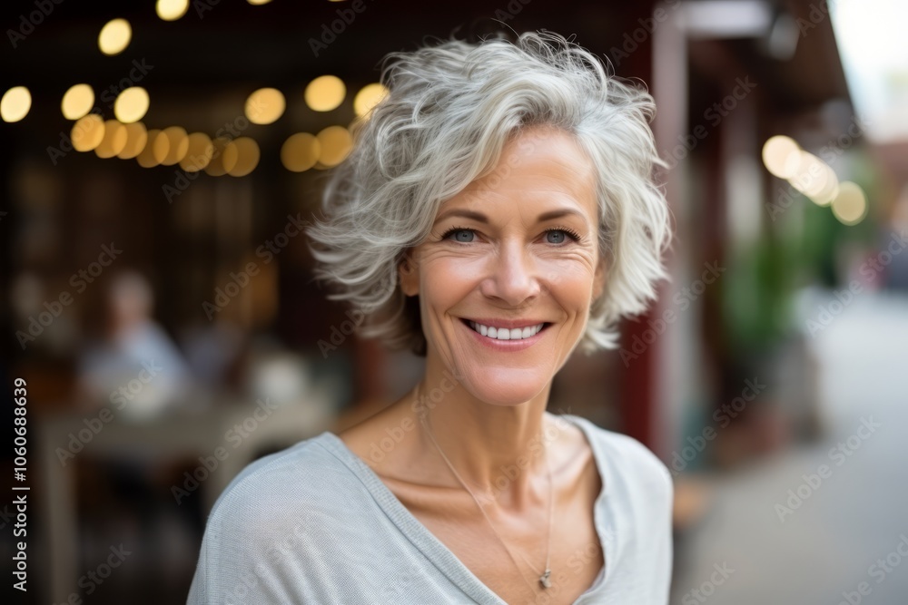 Portrait of a smiling senior woman standing in a restaurant terrace Portrait of a smiling senior woman standing in a restaurant terrace