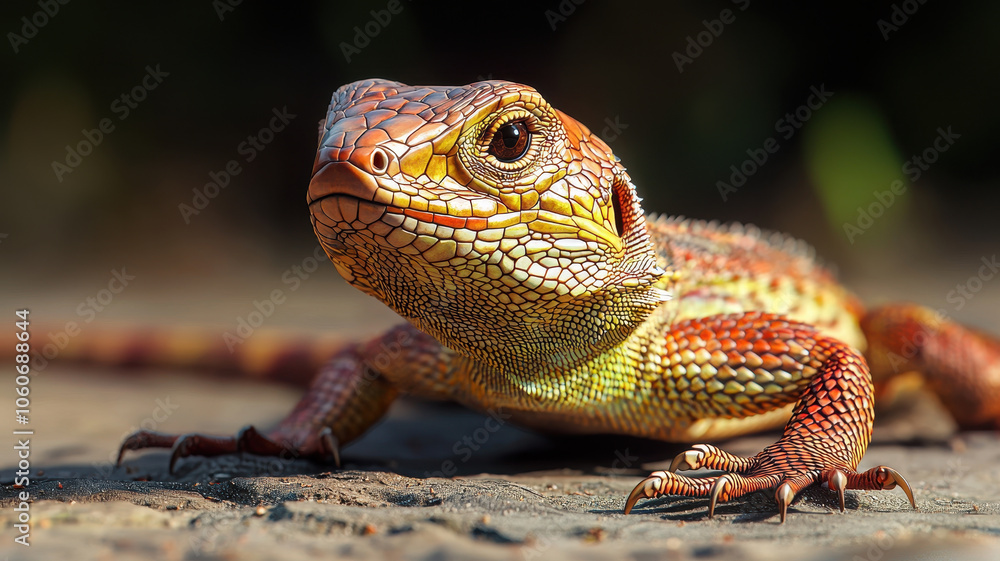 Fototapeta premium Close up of lizard basking in sunlight, showcasing vibrant colors and details